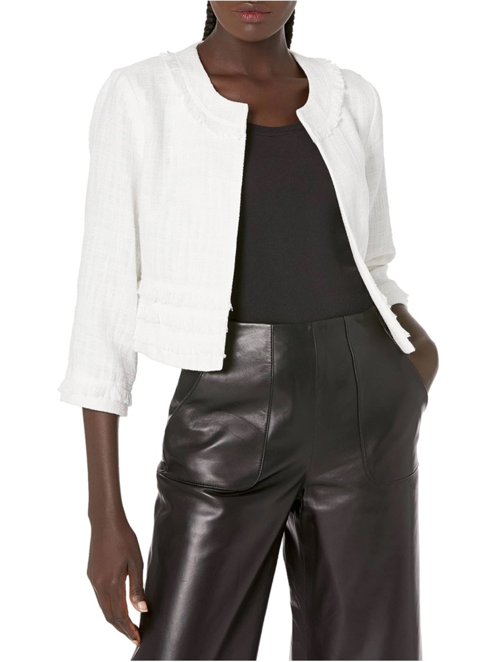KARL LAGERFELD Paris White Tweed Open Front Cropped Blazer Jacket